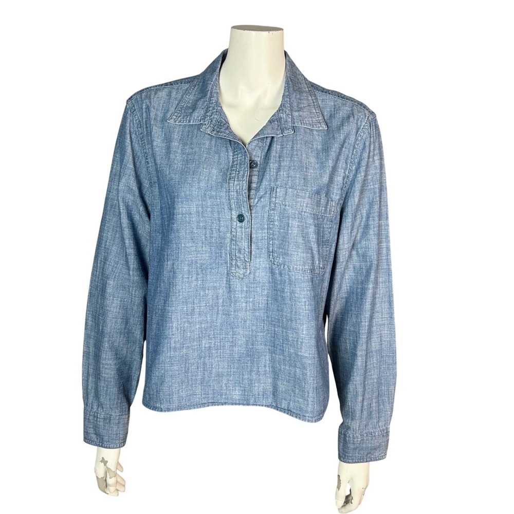 Outerknown Chambray Popover Blouse Medium Preppy Organic Cotton Long Sleeve